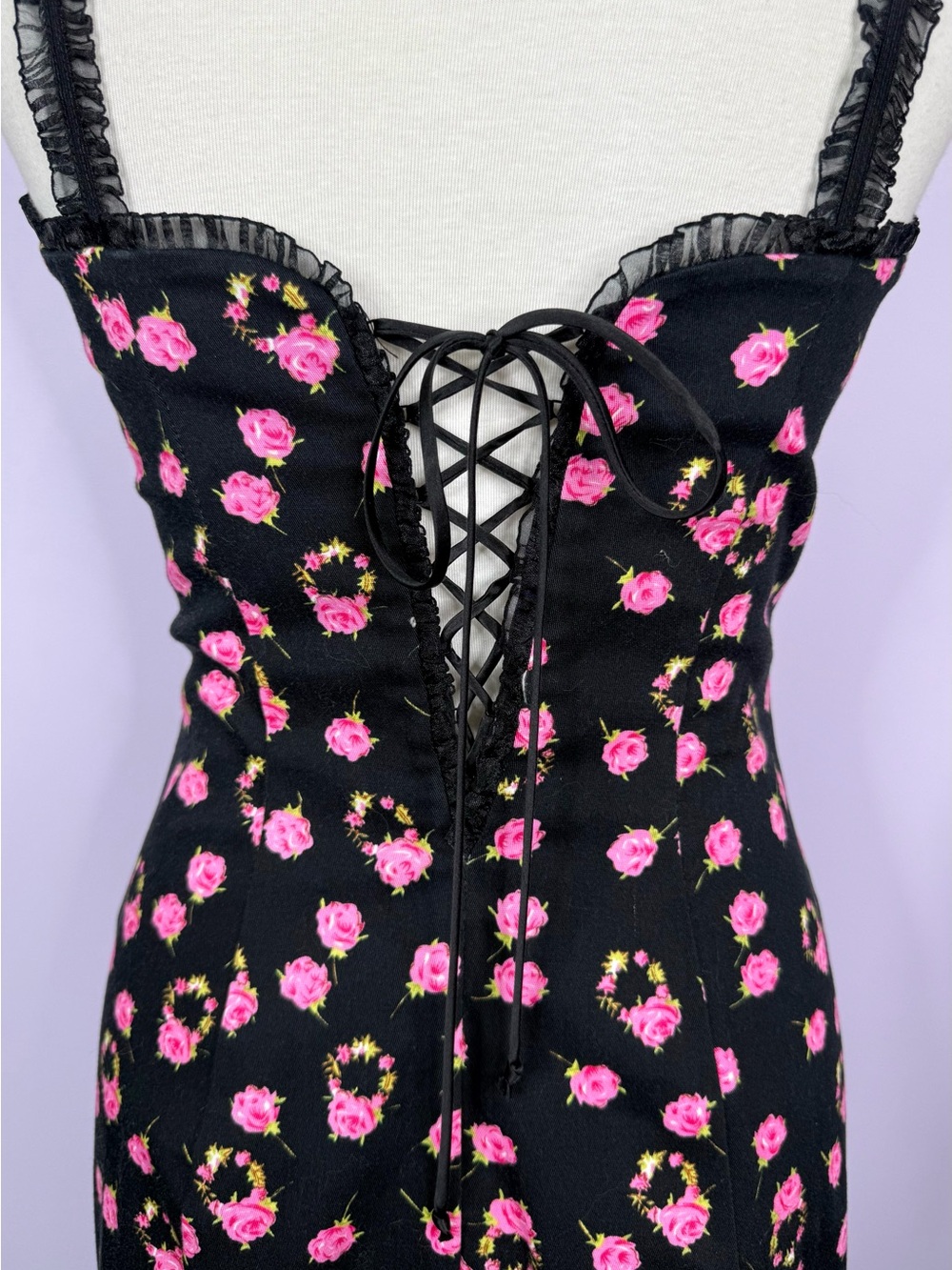 Betsey Johnson Vintage 90's/Y2K Black Mini Dress with Pink Roses & Corseted Back